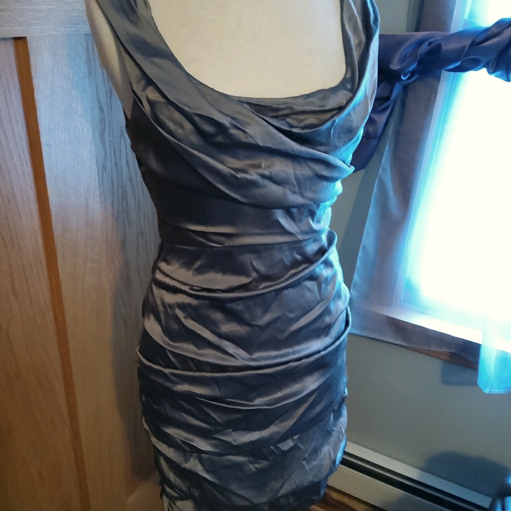 TAHARI Satin midi side gathered dress formal